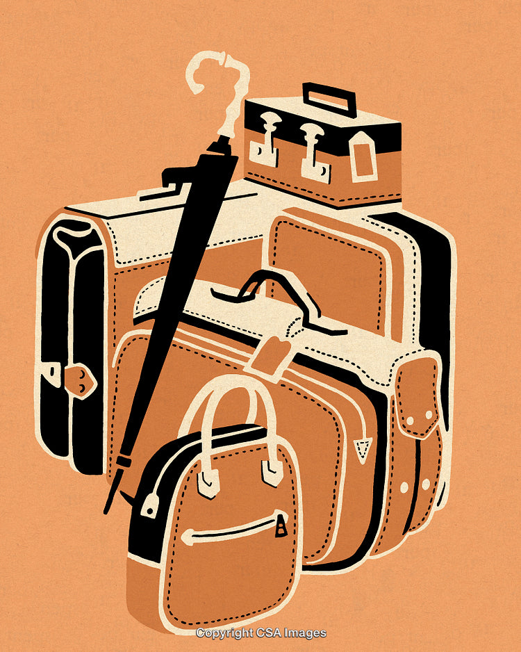 Collection of Luggage and Accessories in Vintage Artwork Style