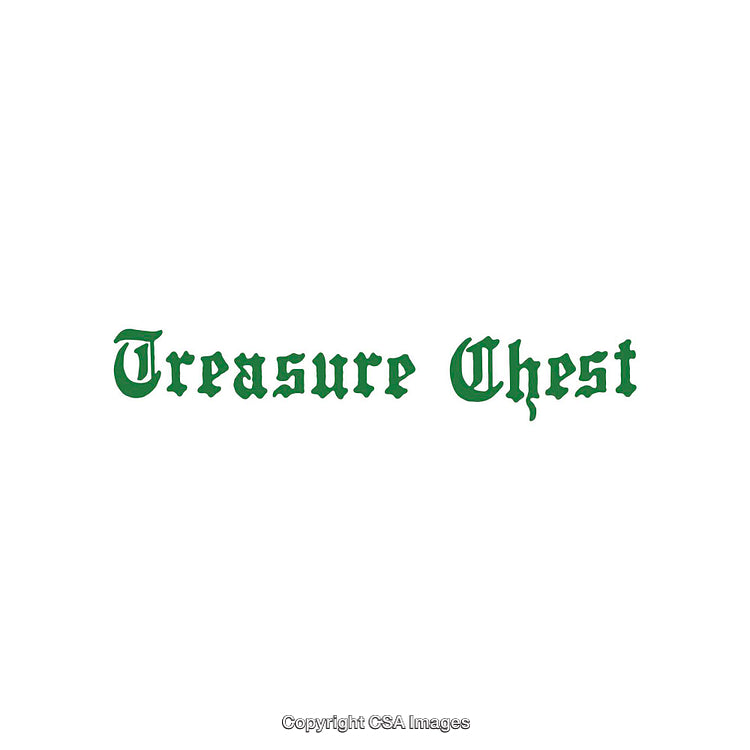 Vintage Green Gothic Script Text Illustration of 'Treasure Chest' on White Background