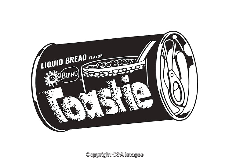Black and White Line Art Illustration of Retro Beverage Can with Unique Labeling