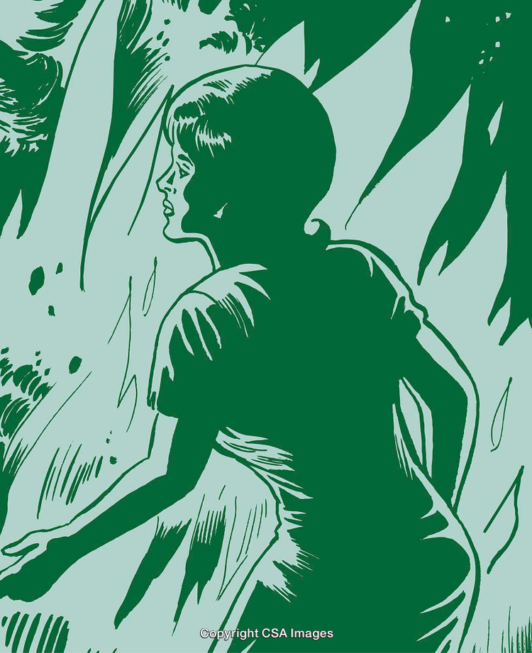 Vintage Illustrated Woman Walking Through Natural Forest Scenery