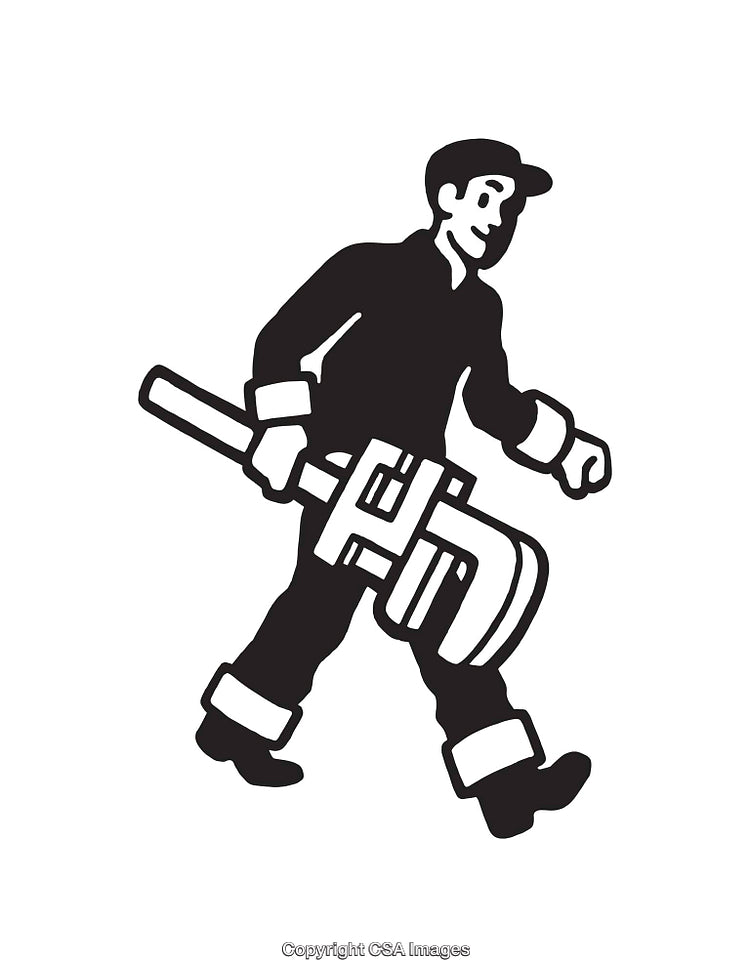 Black and White Illustration of a Worker Carrying a Large Tool