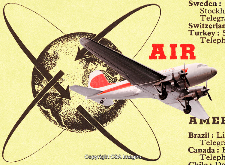 Retro Airplane Illustration with Global Travel and Communication Theme