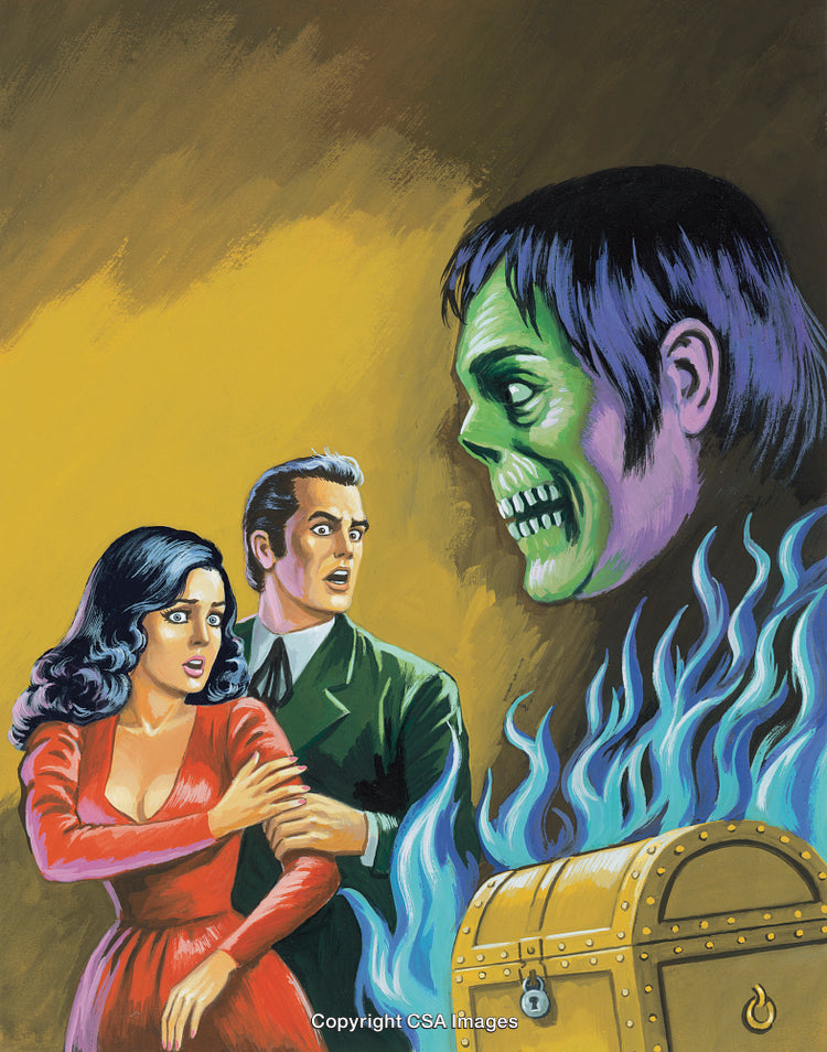Vintage Horror Painting Featuring Scared Couple and Floating Green Skull