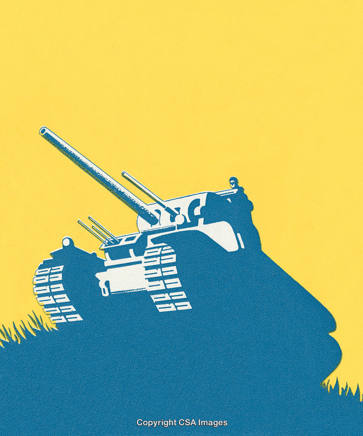 Silhouetted Military Tank Against a Bright Yellow and Blue Background