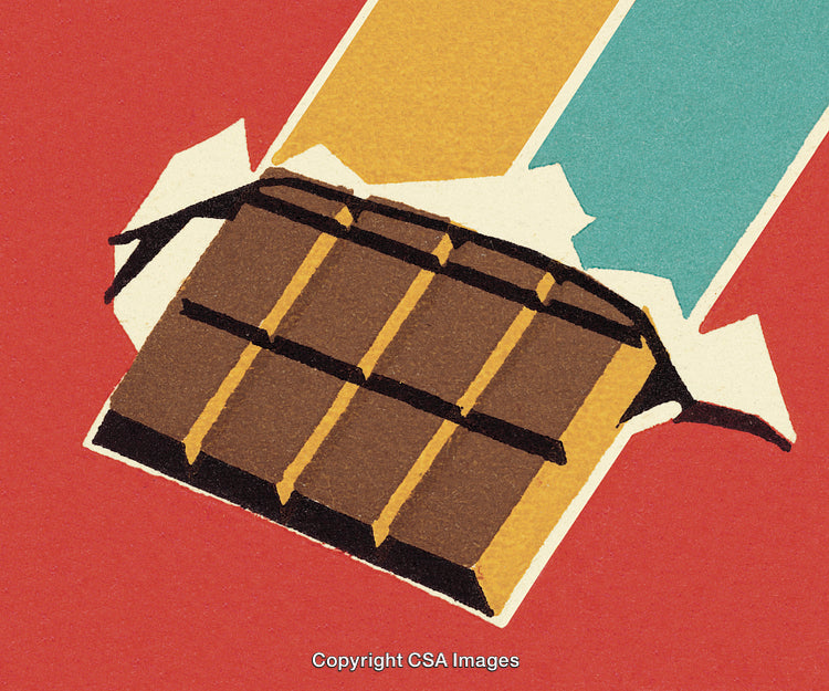 Colorful Vintage Illustration of an Open Chocolate Bar on a Red Background