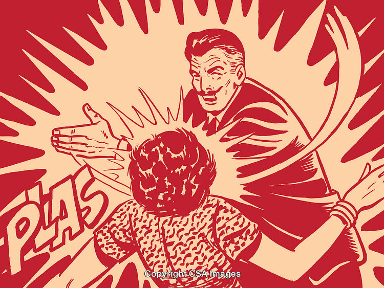 Retro Illustrated Scene Depicting a Surprising Interaction with Red Tones