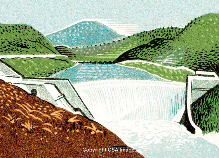 Illustrated Scenic River Dam with Flowing Water and Hills in Nature
