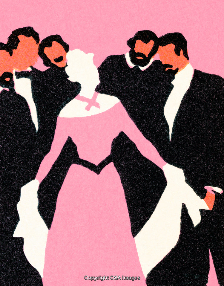 Stylized Group Portraying Formal Attire and Elegant Collective Gestures on Pink Background