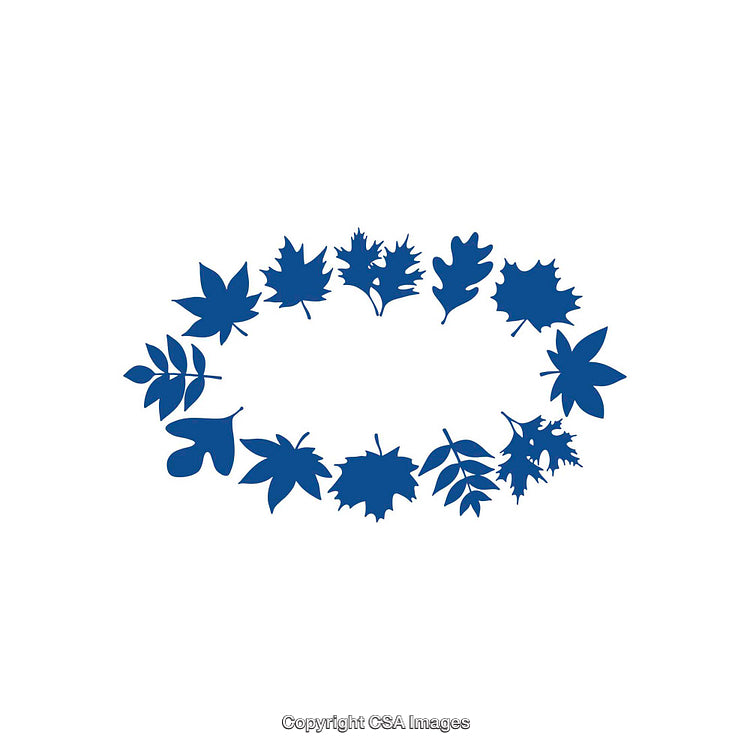 Blue Silhouette of Various Leaf Shapes Arranged in an Oval Frame