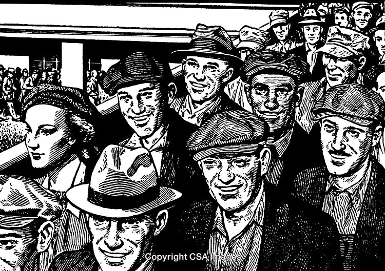 Black and White Engraving Of a Crowd of People in Vintage Style