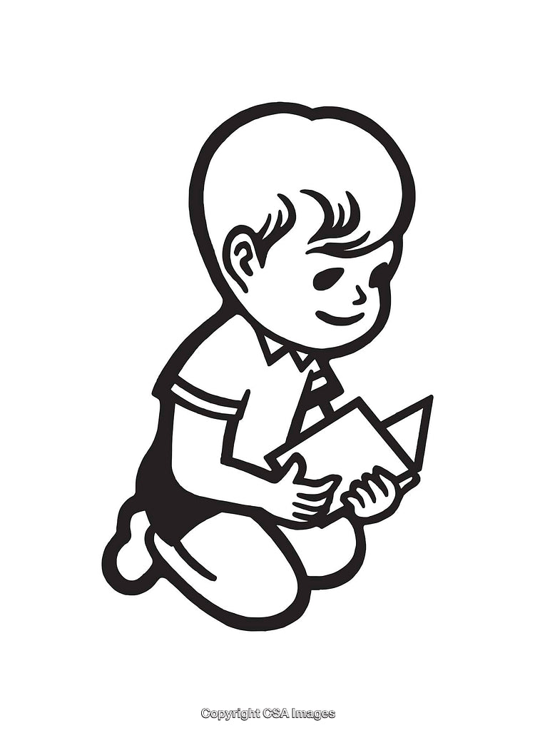 Black and White Line Art of a Young Child Reading a Book