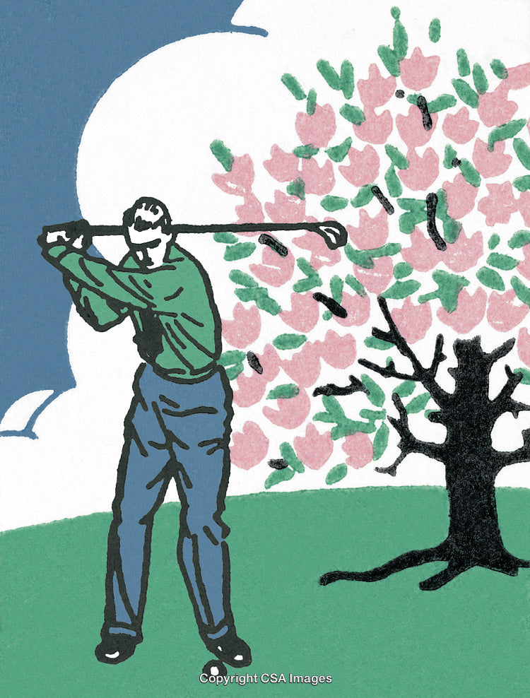 Retro Illustration of a Golfer Swinging Near Blossoming Cherry Tree