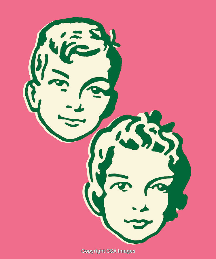 Retro Styled Portrait Line Art of Two Male Faces on a Pink Background