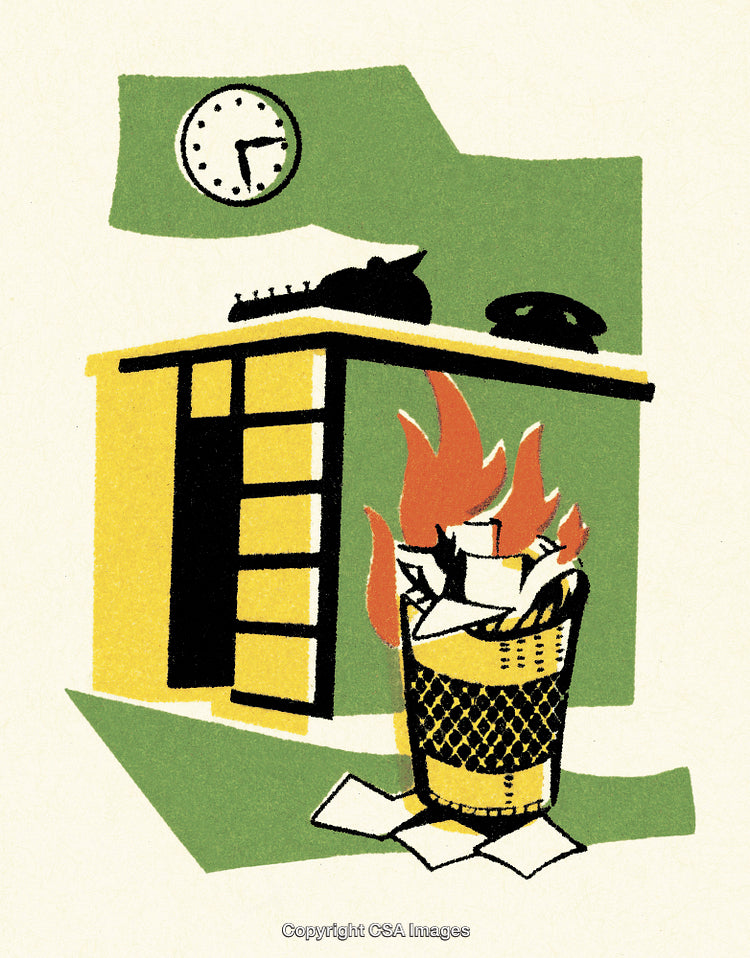 Office Scene with Trashcan Fire and Desk During Evening Hours