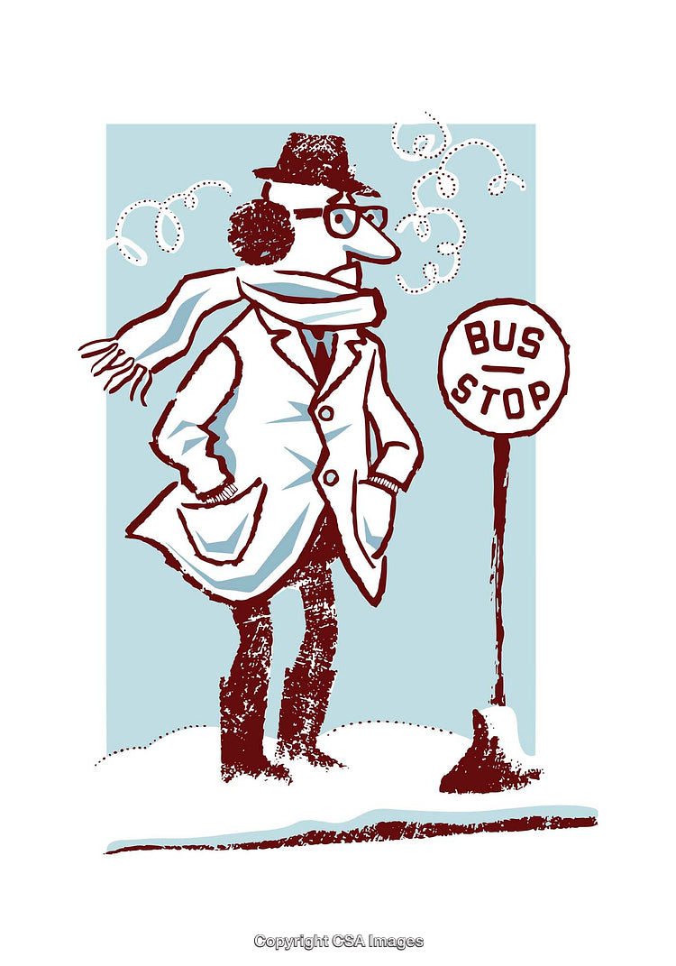 Retro Illustration of a Dressed Man Waiting at a Winter Bus Stop