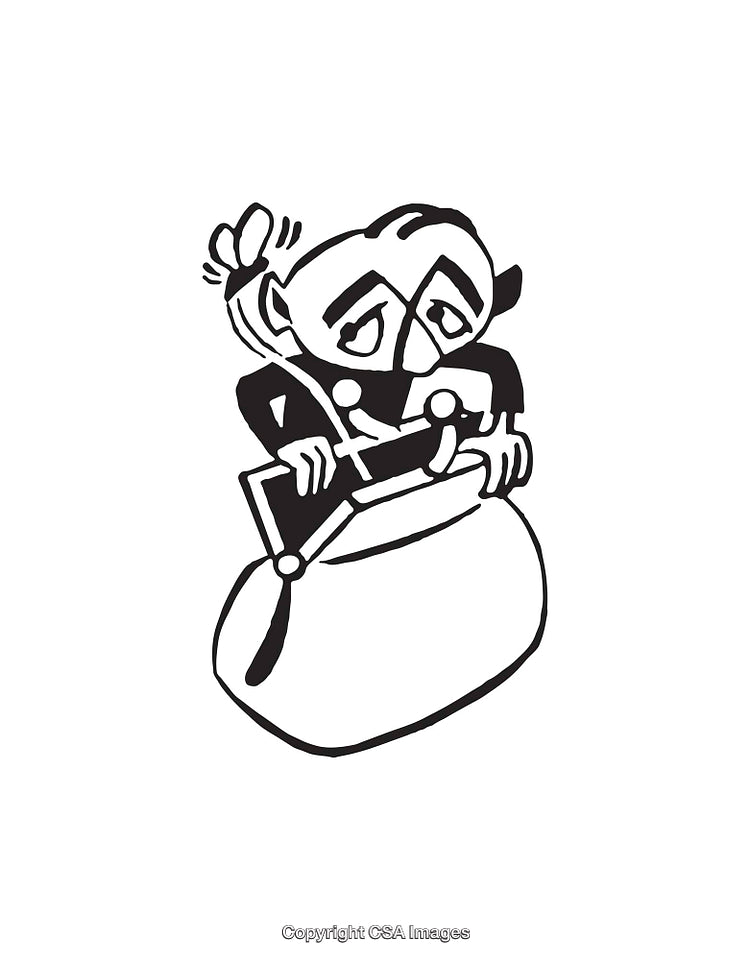 Black and White Illustration of Character With a Large Bag
