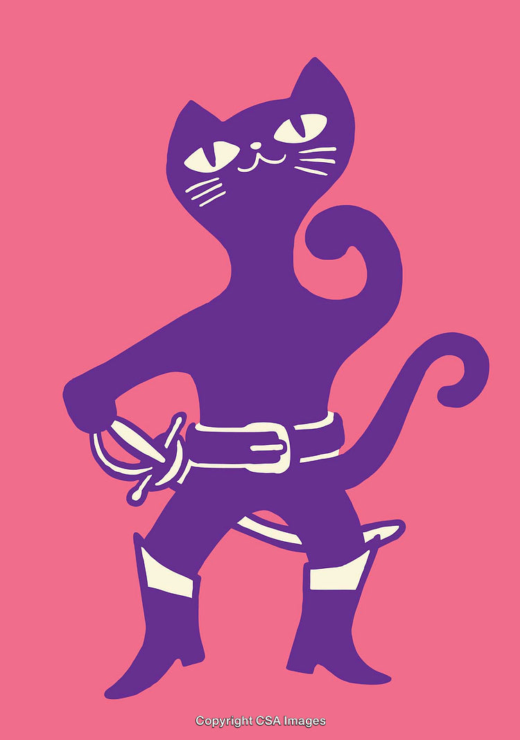 Purple Cat Wearing a Costume Holding a Sword on Pink Background