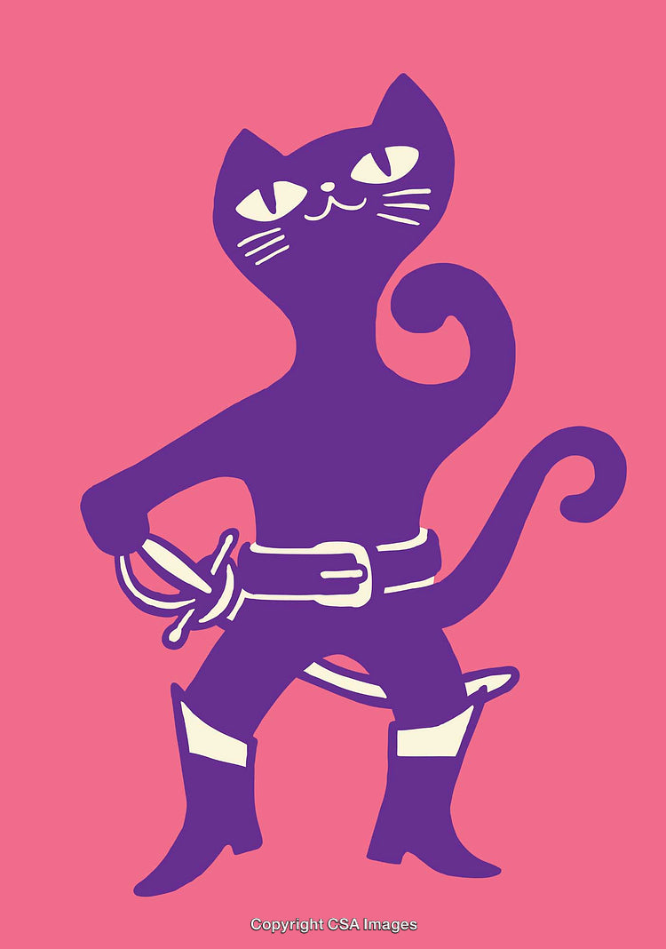 Purple Cat Wearing a Costume Holding a Sword on Pink Background