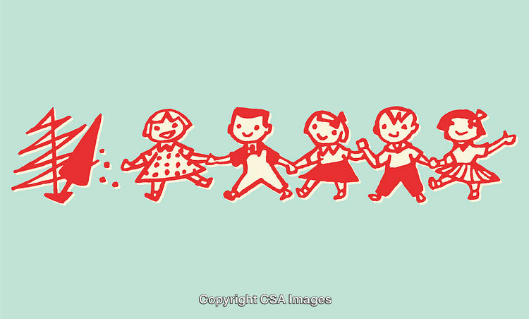 Colorful Line Art of Happy Children Holding Hands in a Joyful Circle