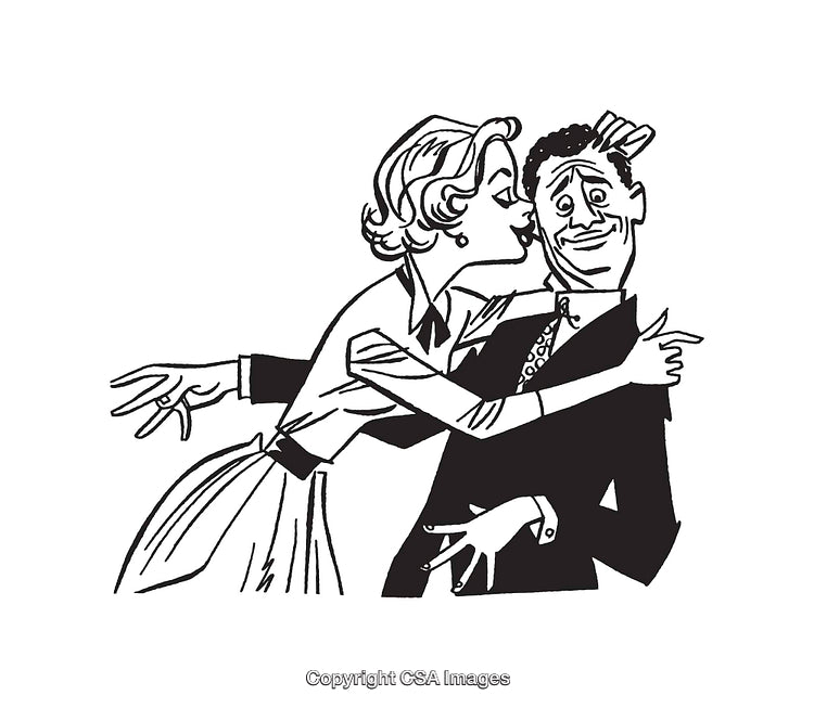 Vintage Line Art of a Woman Playfully Embracing a Surprised Man