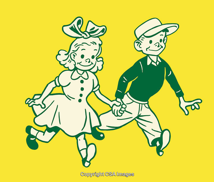 Vintage Illustration of Two Happy Children Running Holding Hands