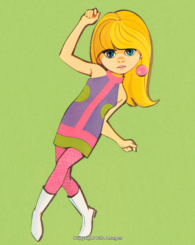 Retro-Styled Cartoon Girl Dancing in Colorful 60s-Inspired Outfit