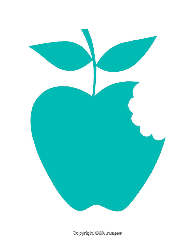 Teal Apple Icon with Bite and Leaf on White Background