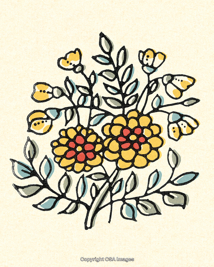 Hand-Drawn Floral Illustration Depicting Vibrant Flowers and Leaves on Neutral Background