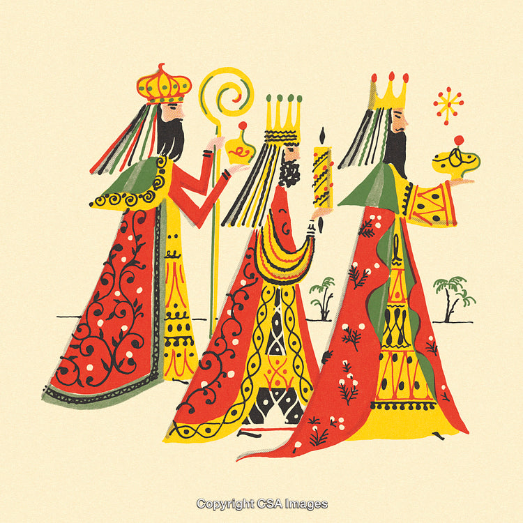 Three Kings in Ornate Robes Depicted in Vibrant Illustration