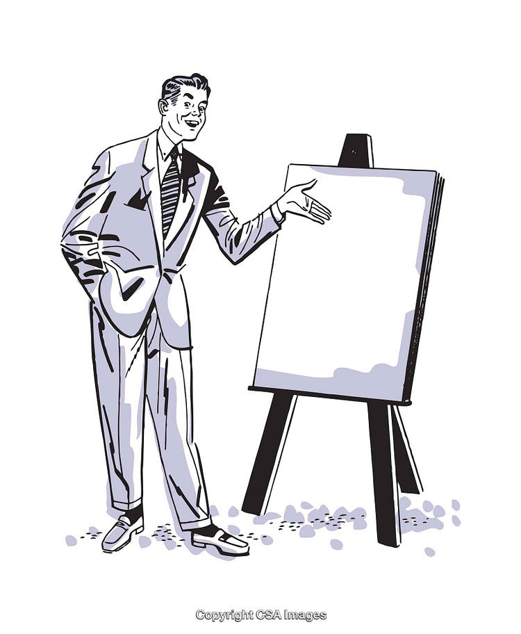 Retro Businessman Presenting with Easel and Blank Canvas in Vintage Style