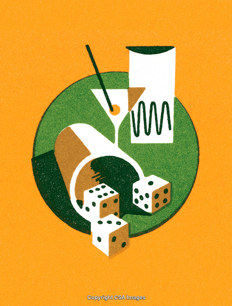 Artistic Depiction of Dice and Drinks in Retro Style Design
