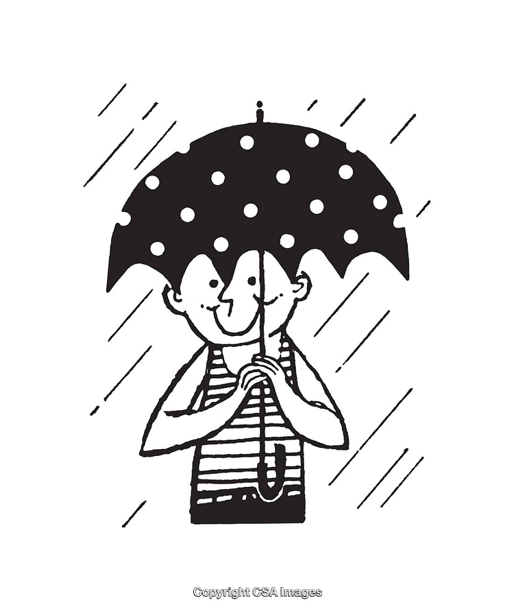 Cartoon Illustration of Smiling Person Holding Polka-Dot Umbrella in the Rain