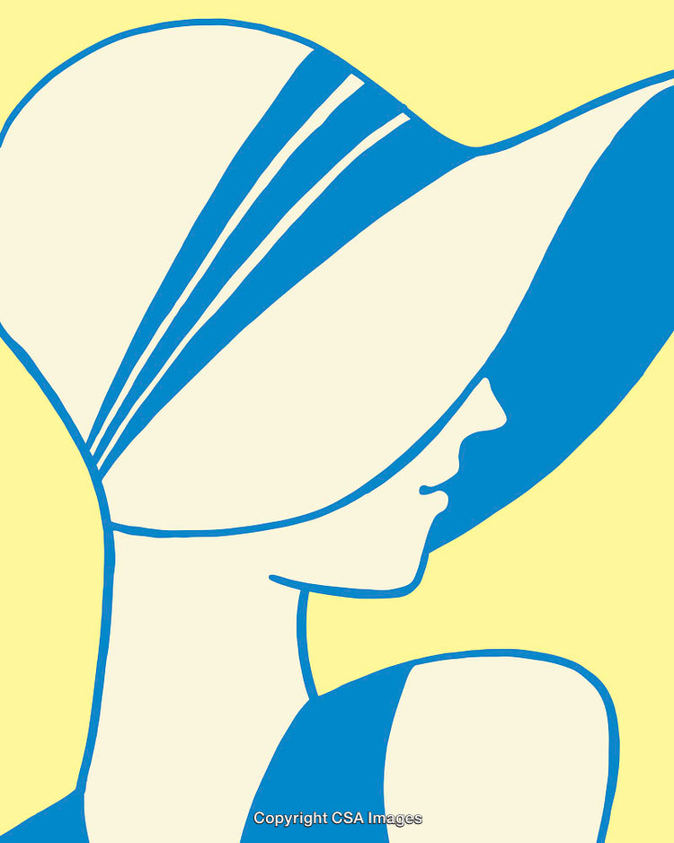 Minimalist Line Art of Woman in Blue Hat on Yellow Background