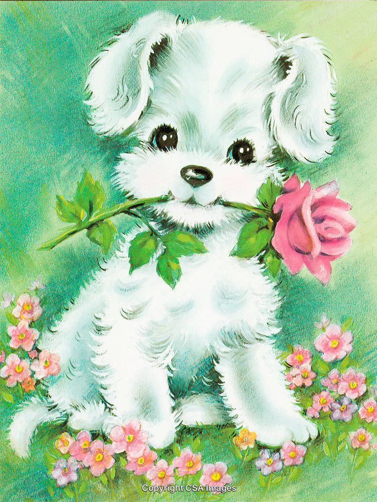 Adorable White Puppy Holding a Rose in Vibrant Floral Setting