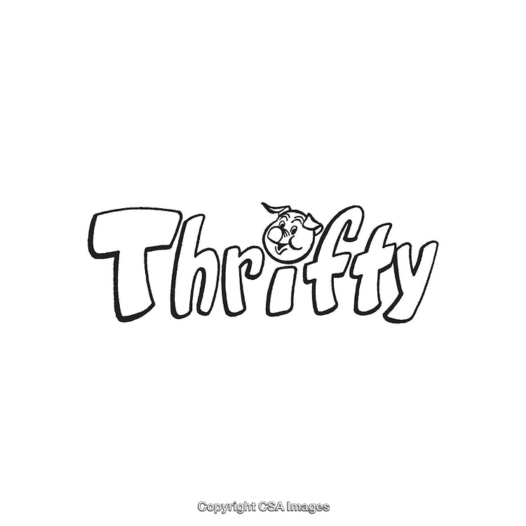 Playful Cartoon Logo Featuring a Thrifty Themed Typography and Animal Character