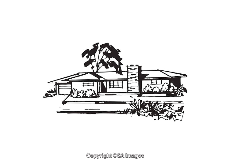 Black and White Illustration of a Suburban Bungalow with Trees and Bushes