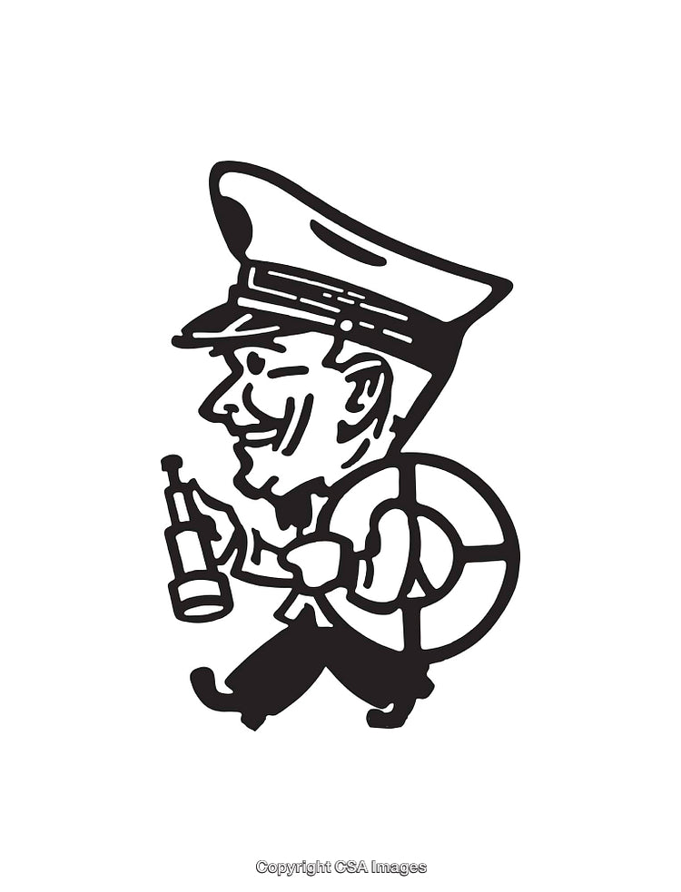 Black and White Illustration of a Cheerful Sailor Holding a Beverage
