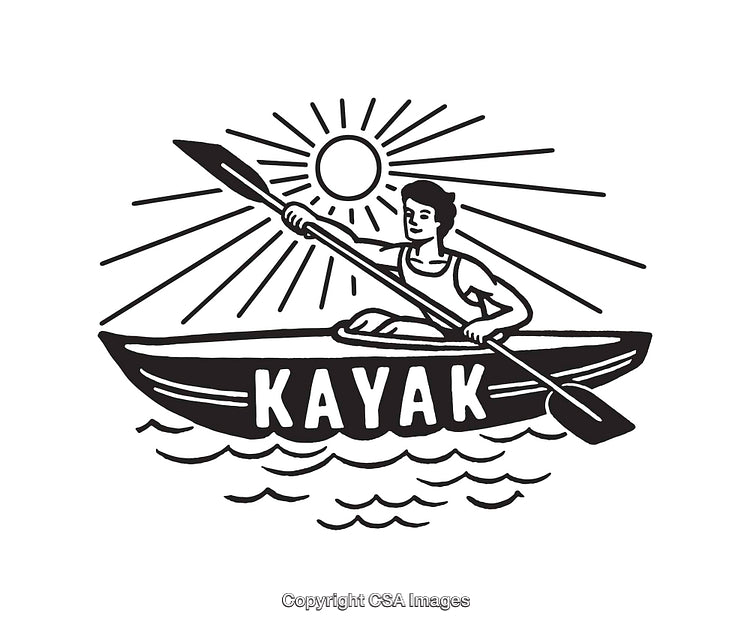 Black and White Line Art Illustration of a Kayaker in the Sunlight