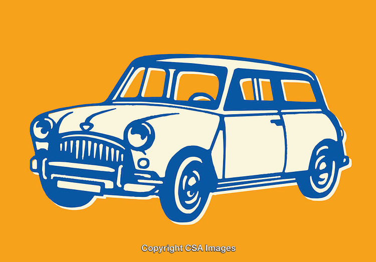 Stylized Illustration of a Vintage Car in Bold Blue and Orange Colors