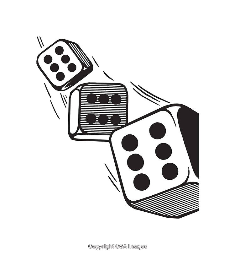 Retro Illustration of Rolling Dice in Black and White Line Art Style