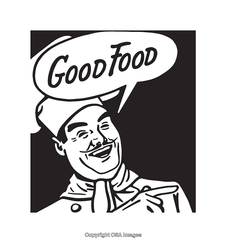 Chef Promoting Delicious Food in Black and White Line Art Illustration