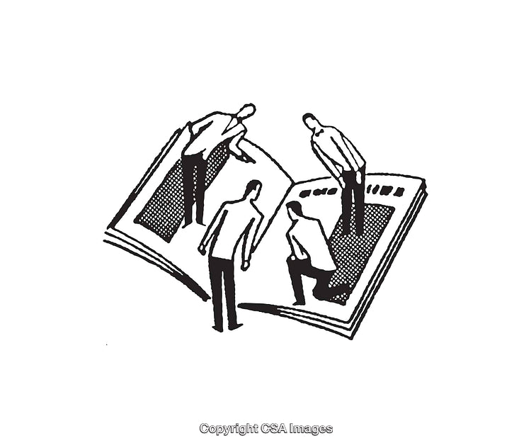 Illustration Depicting Figures Inspecting an Open Book in Black and White