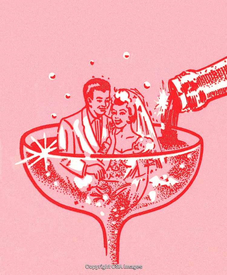 Retro Wedding Celebration Illustration of a Bride and Groom in Champagne Glass