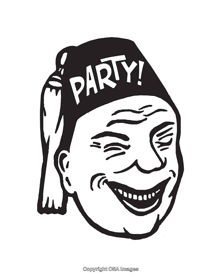 Black and White Illustration of a Smiling Face With Party Hat