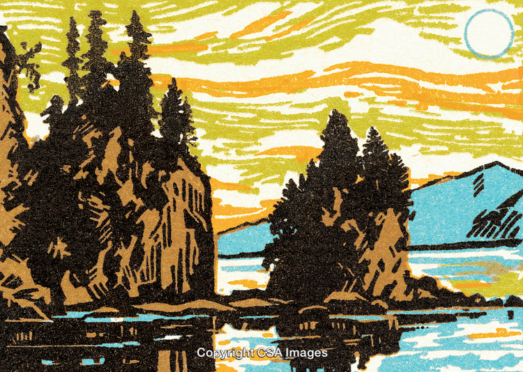 Illustrated Landscape Featuring Forested Coastal Rocks Against A Vibrant Sky
