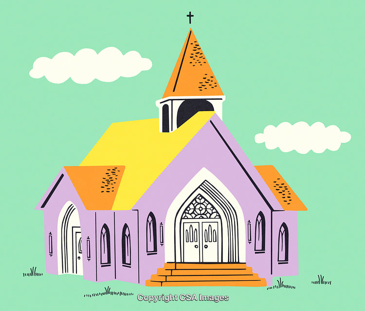 Illustrated Church Building with Vibrant Colors and Sunny Sky