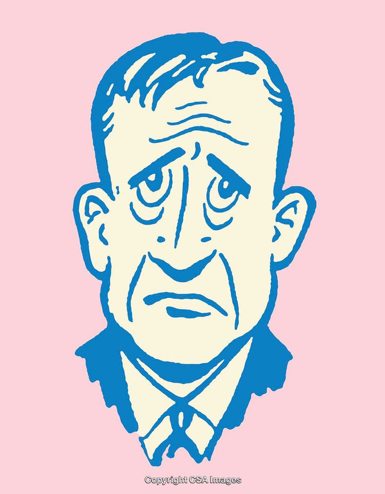 Blue Line Art Illustration of a Sad Person on Pink Background