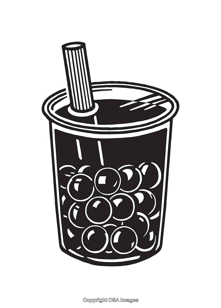 Black and White Bubble Tea Line Art Illustration with Straw