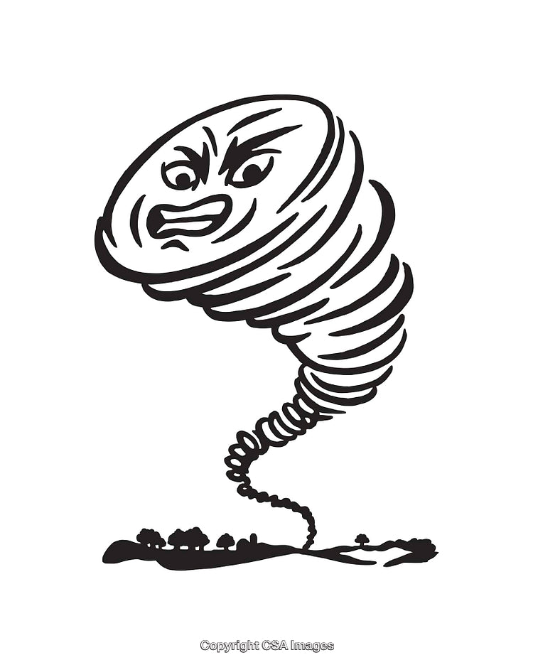 Cartoon Tornado with a Face Surging Across a Rural Landscape