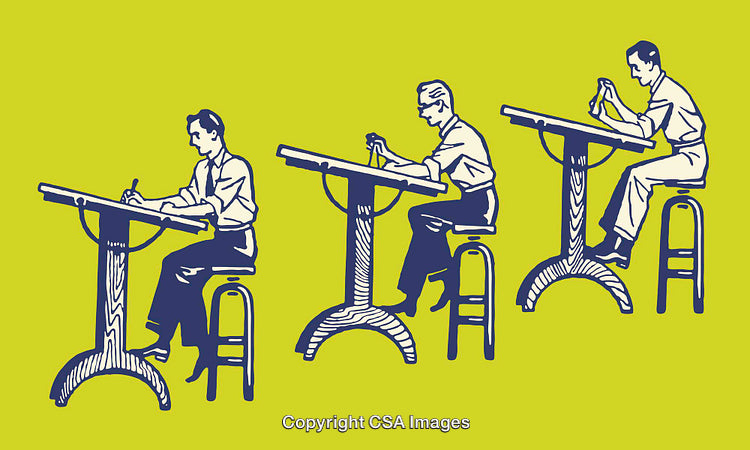 Retro Style Illustration of Engineers Drafting Designs in Sequence